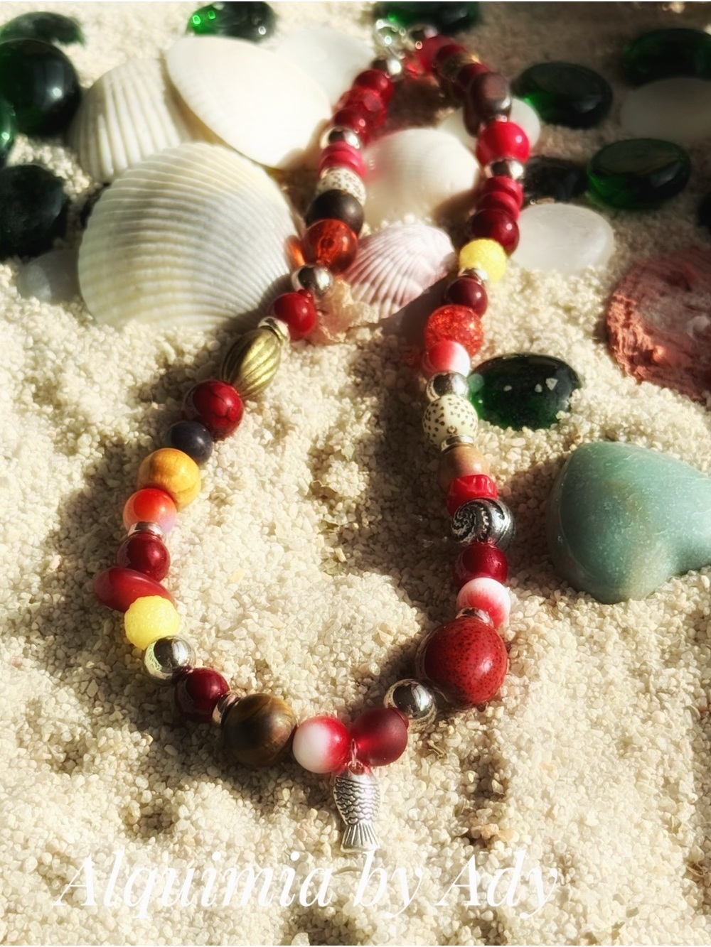 AMERICANA Red Multicolor Beaded Necklace with Fish Charm